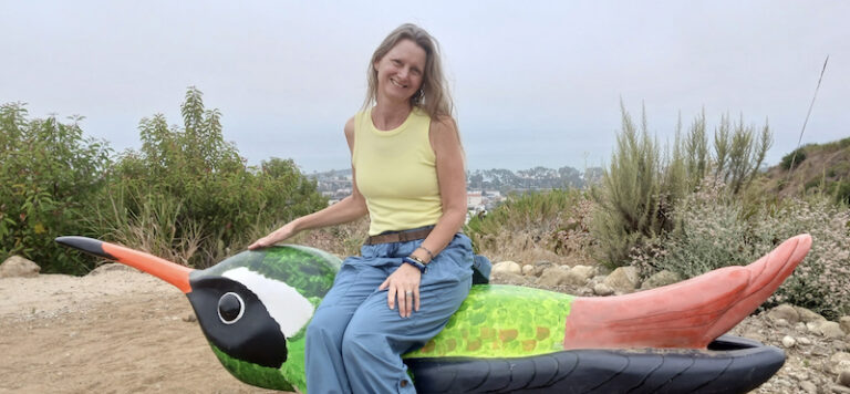 Jennifer on hummingbird bench.