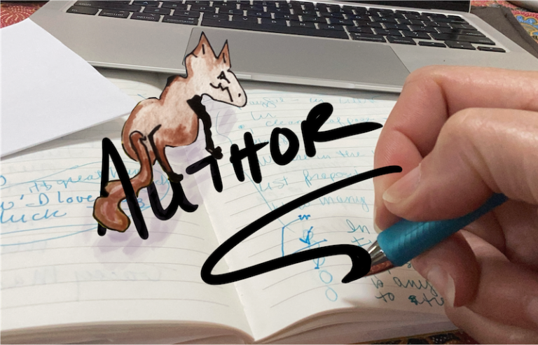 Author's notebook and illustrated cat