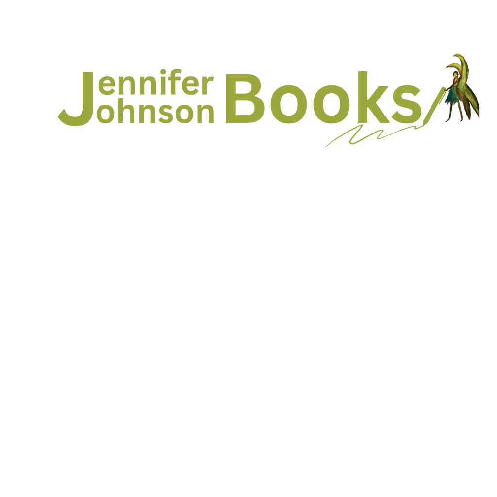 Jennifer Johnson Books in yellow green font with painted fairy on right of font.